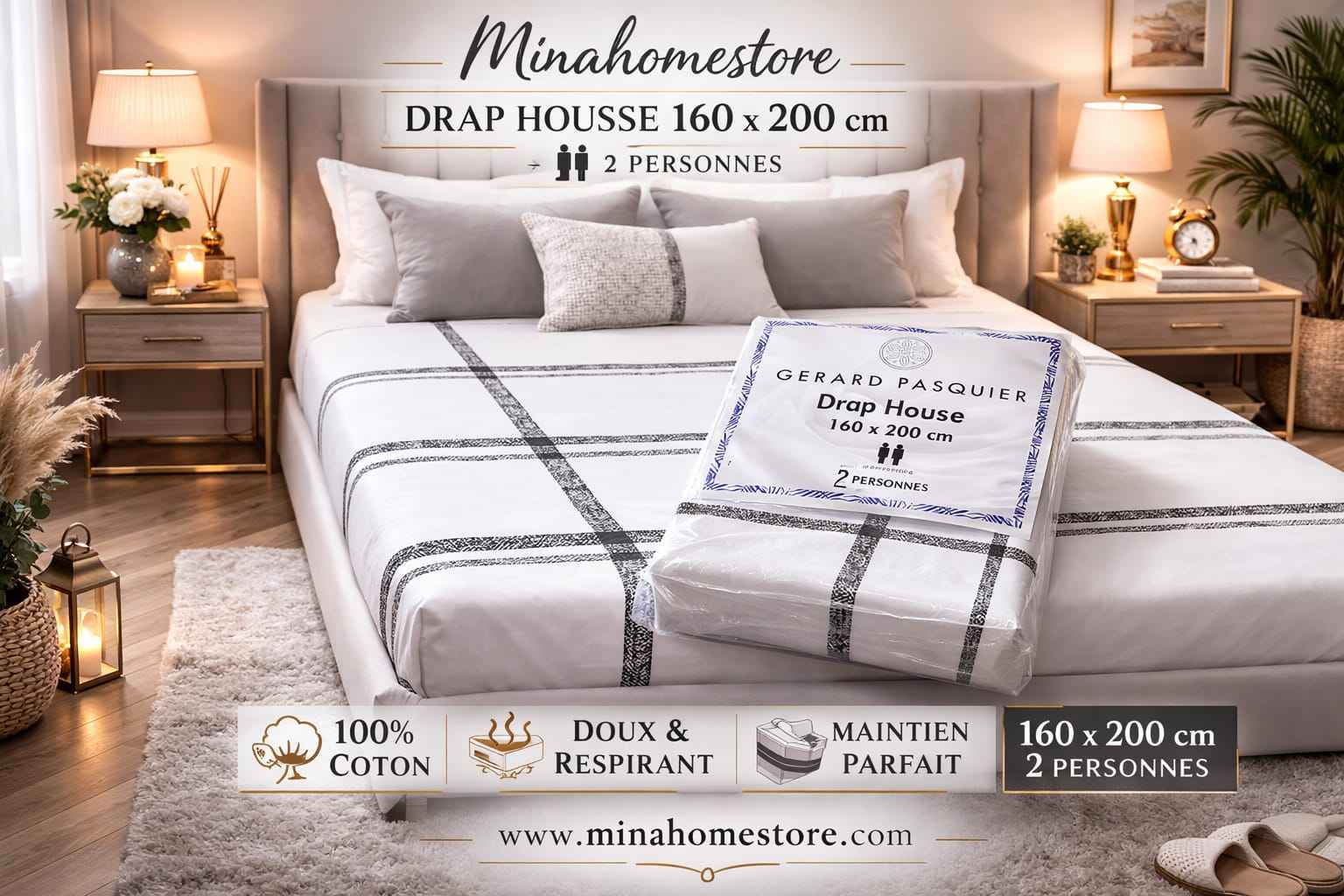 Drap housse 100% coton 160x200 – Bonnet 25cm | Gérard Pasquier
