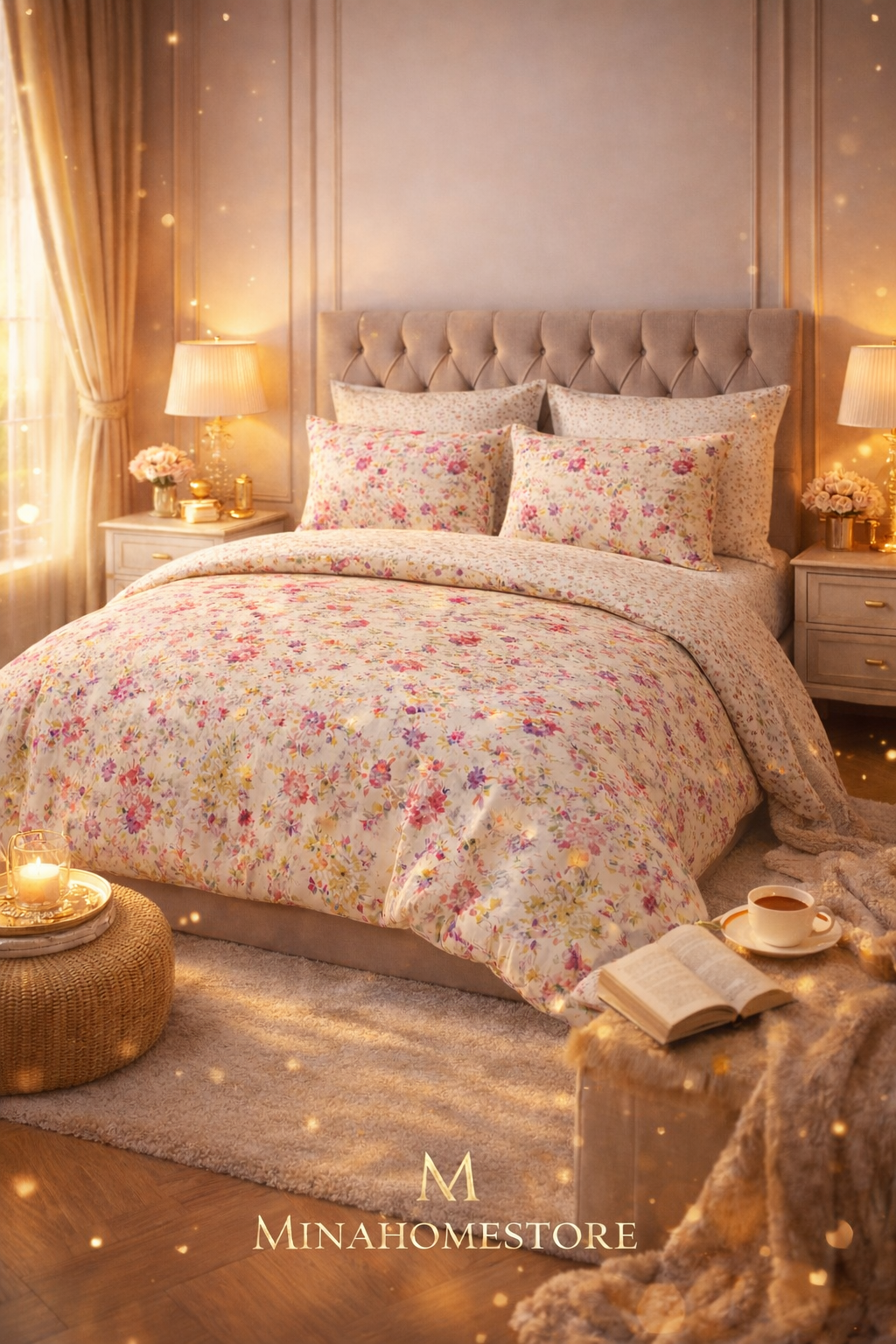 Parure de lit complète 6 pièces 100% coton – Élégance végétale & confort absolu - MinaHomeStore
