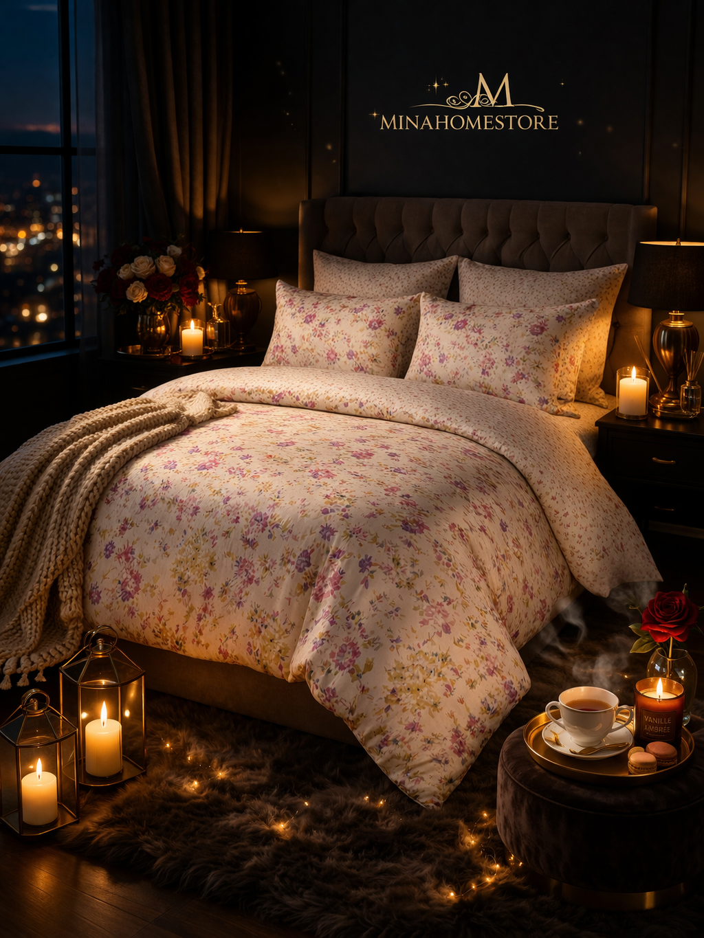 Parure de lit complète 6 pièces 100% coton – Élégance végétale & confort absolu - MinaHomeStore