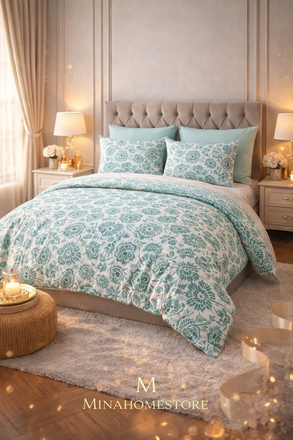Parure de lit complète 6 pièces 100% coton – Élégance végétale & confort absolu - MinaHomeStore