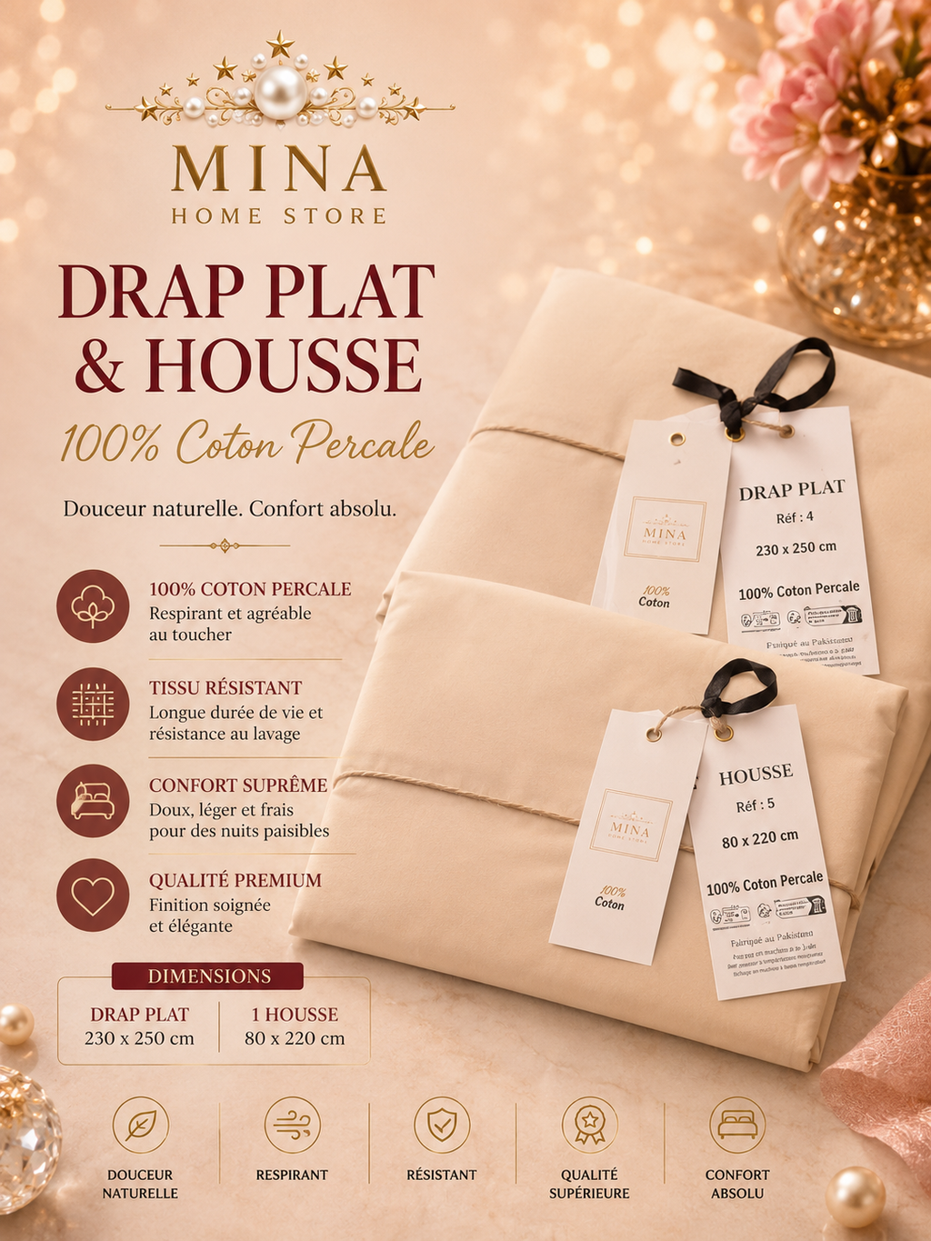 Drap plat & housse 100 % coton percale – Mina Home Store