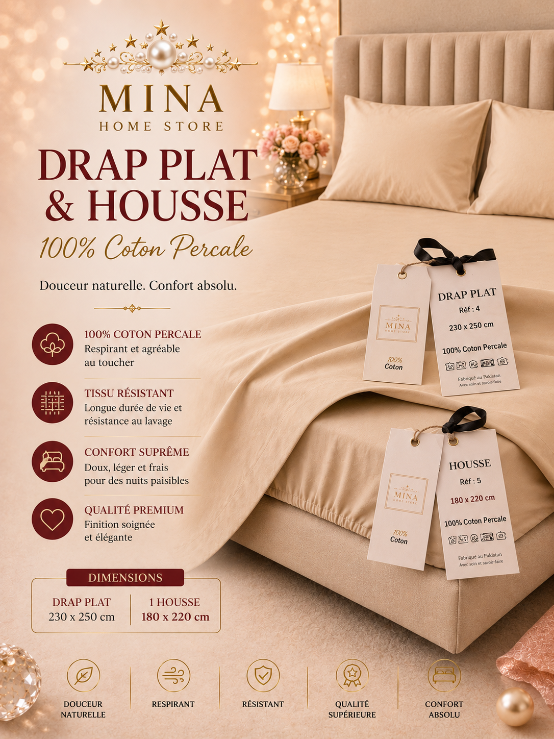 Drap plat & housse 100 % coton percale – Mina Home Store